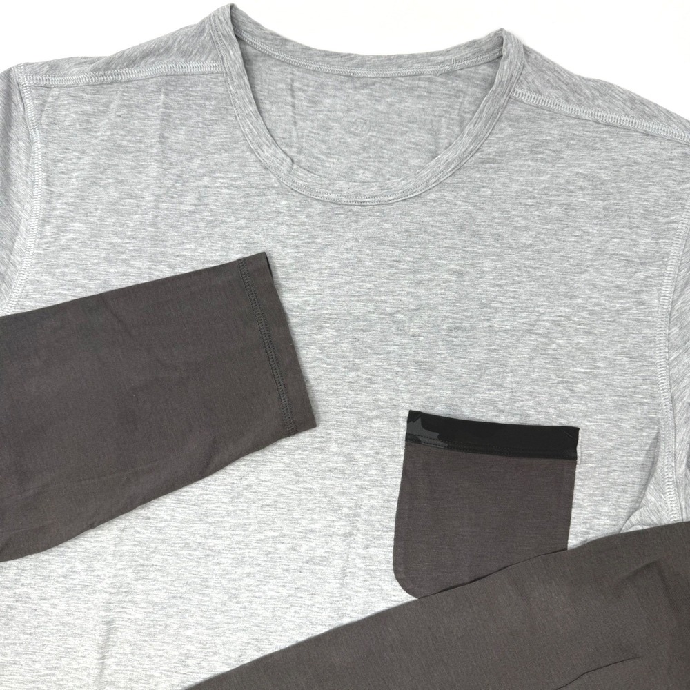 Lululemon Mens Large Long Sleeve Pocket Tee Heathered Grey Charcoal Colorblock